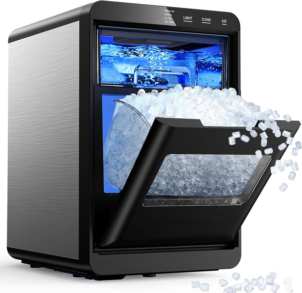 40Lbs/24H Countertop Pebble Ice Maker, Self-Cleaning Sonic Nugget Pellet Ice Machine with Scoop and Basket for Household Use