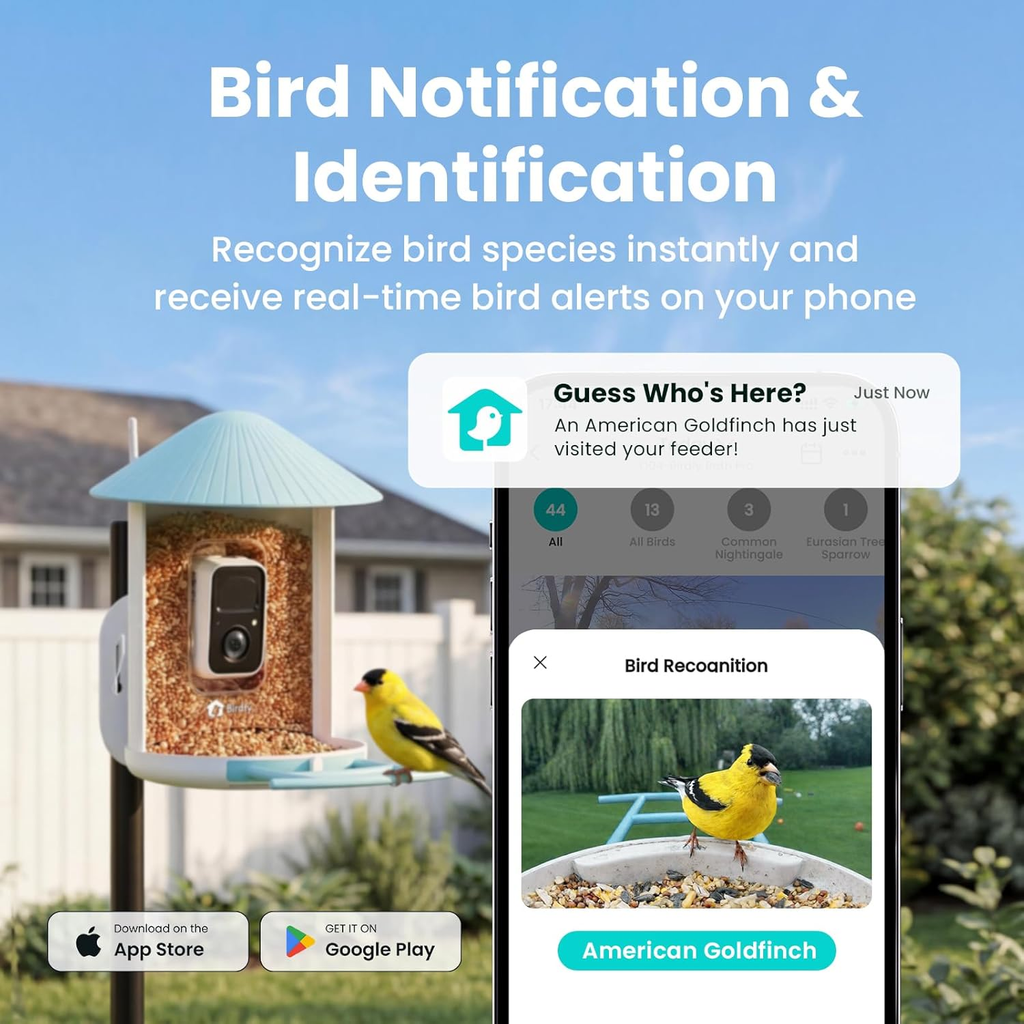 Smart Bird Feeder 2K HD AI Camera Solar Powered Wireless Bird Watching