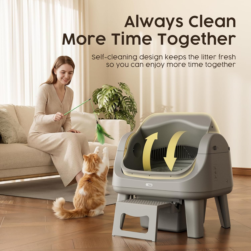 Dark Grey Open‑Top Self‑Cleaning Automatic Cat Litter Box, 7 Pairs of Safety Sensors with Anti‑Pinch Protection, Easy‑Access Step Design for Senior Cats