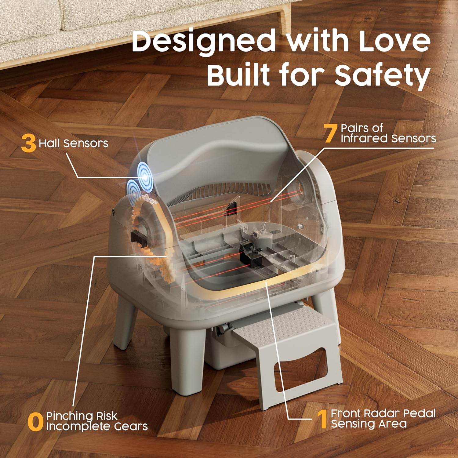 Dark Grey Open‑Top Self‑Cleaning Automatic Cat Litter Box, 7 Pairs of Safety Sensors with Anti‑Pinch Protection, Easy‑Access Step Design for Senior Cats