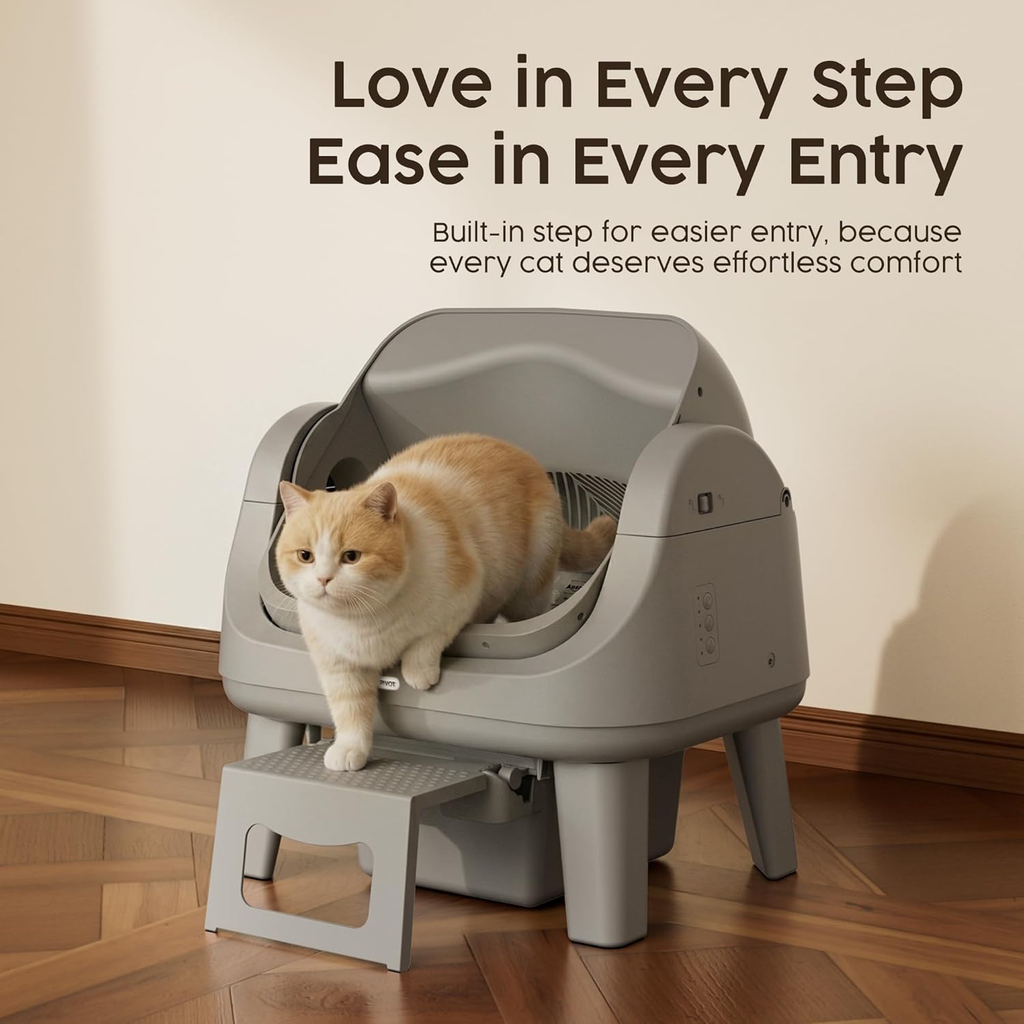 Dark Grey Open‑Top Self‑Cleaning Automatic Cat Litter Box, 7 Pairs of Safety Sensors with Anti‑Pinch Protection, Easy‑Access Step Design for Senior Cats