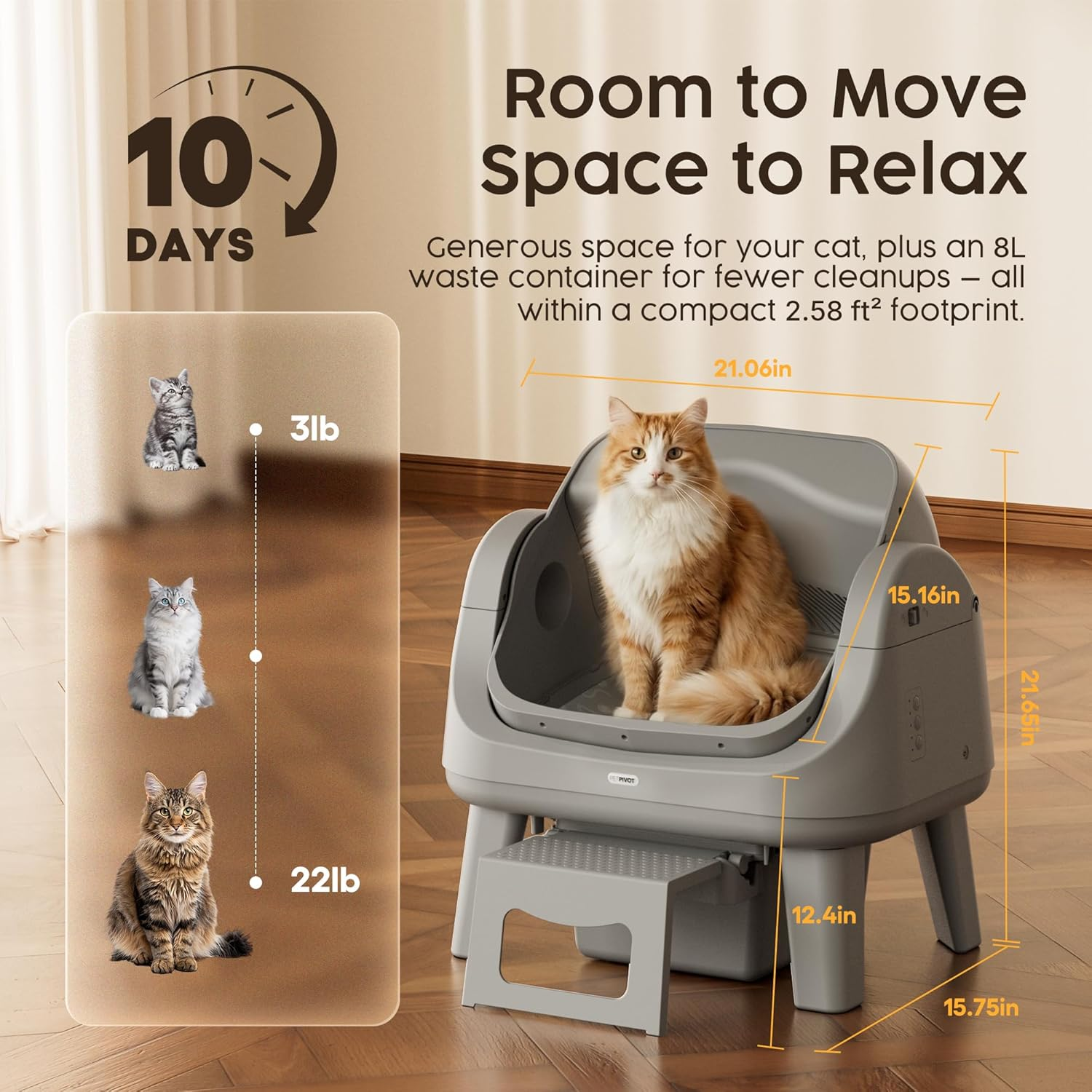 Dark Grey Open‑Top Self‑Cleaning Automatic Cat Litter Box, 7 Pairs of Safety Sensors with Anti‑Pinch Protection, Easy‑Access Step Design for Senior Cats