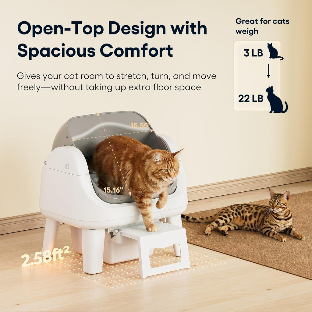 White‑Grey Open‑Top Self‑Cleaning Automatic Cat Litter Box, 7 Pairs of Safety Sensors with Anti‑Pinch Protection, Easy‑Access Step for Senior Cats