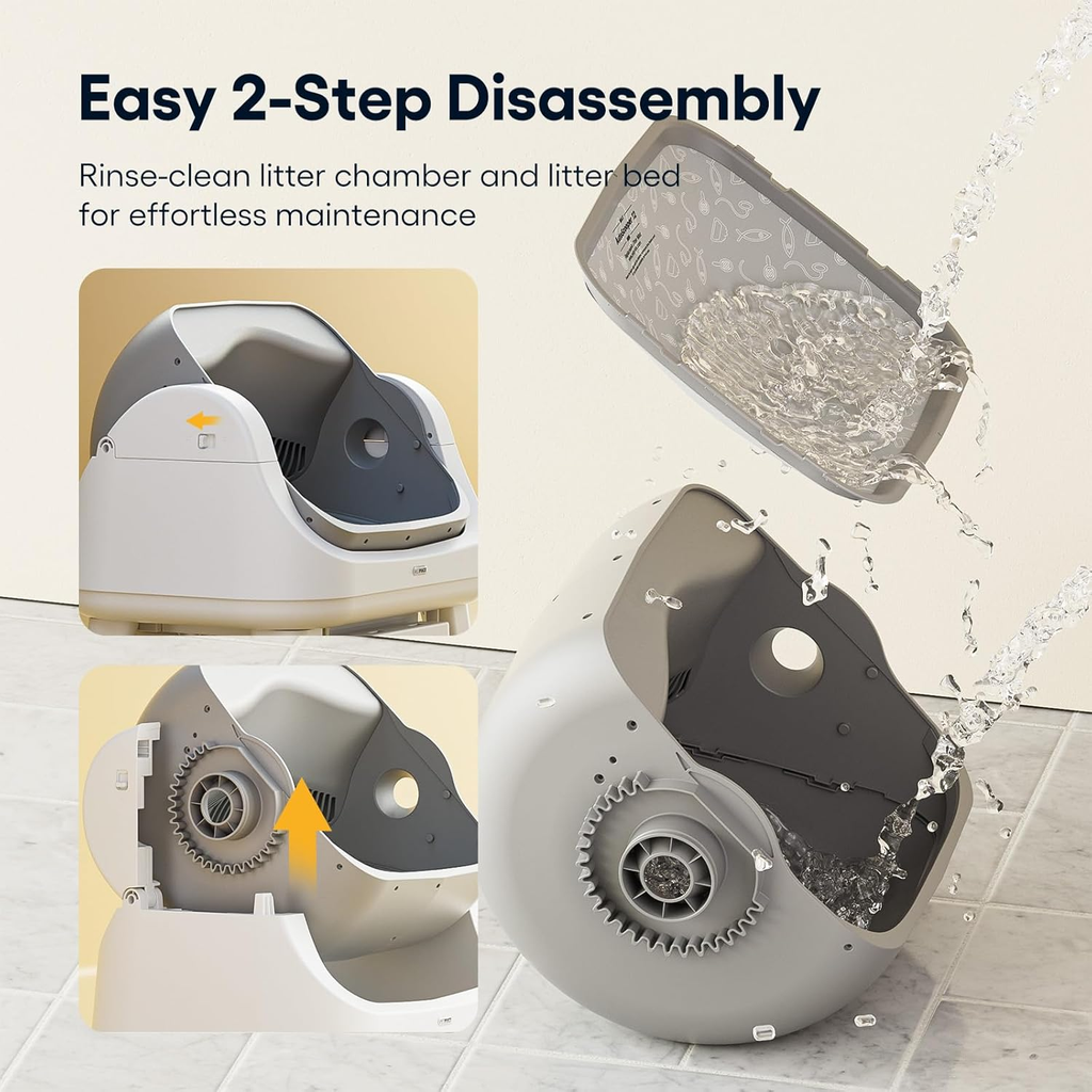 White‑Grey Open‑Top Self‑Cleaning Automatic Cat Litter Box, 7 Pairs of Safety Sensors with Anti‑Pinch Protection, Easy‑Access Step for Senior Cats