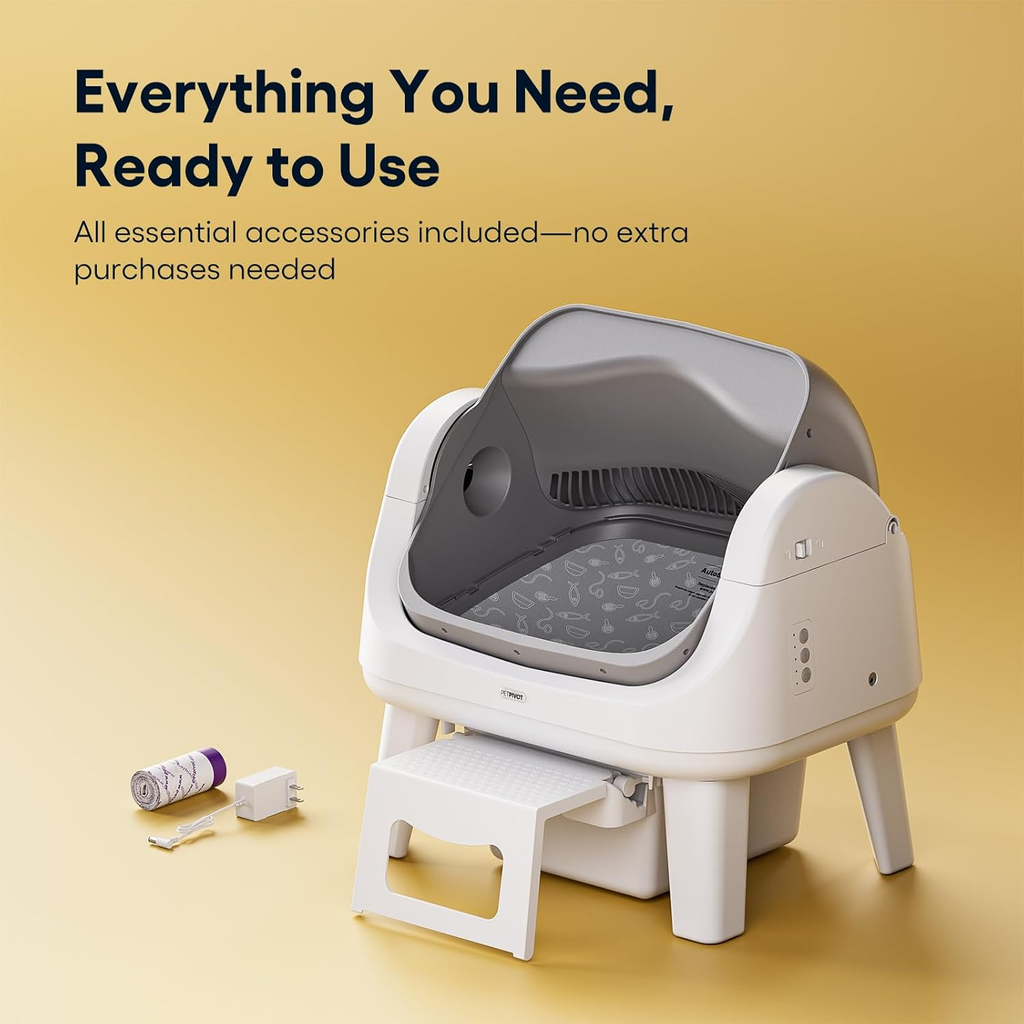 White‑Grey Open‑Top Self‑Cleaning Automatic Cat Litter Box, 7 Pairs of Safety Sensors with Anti‑Pinch Protection, Easy‑Access Step for Senior Cats