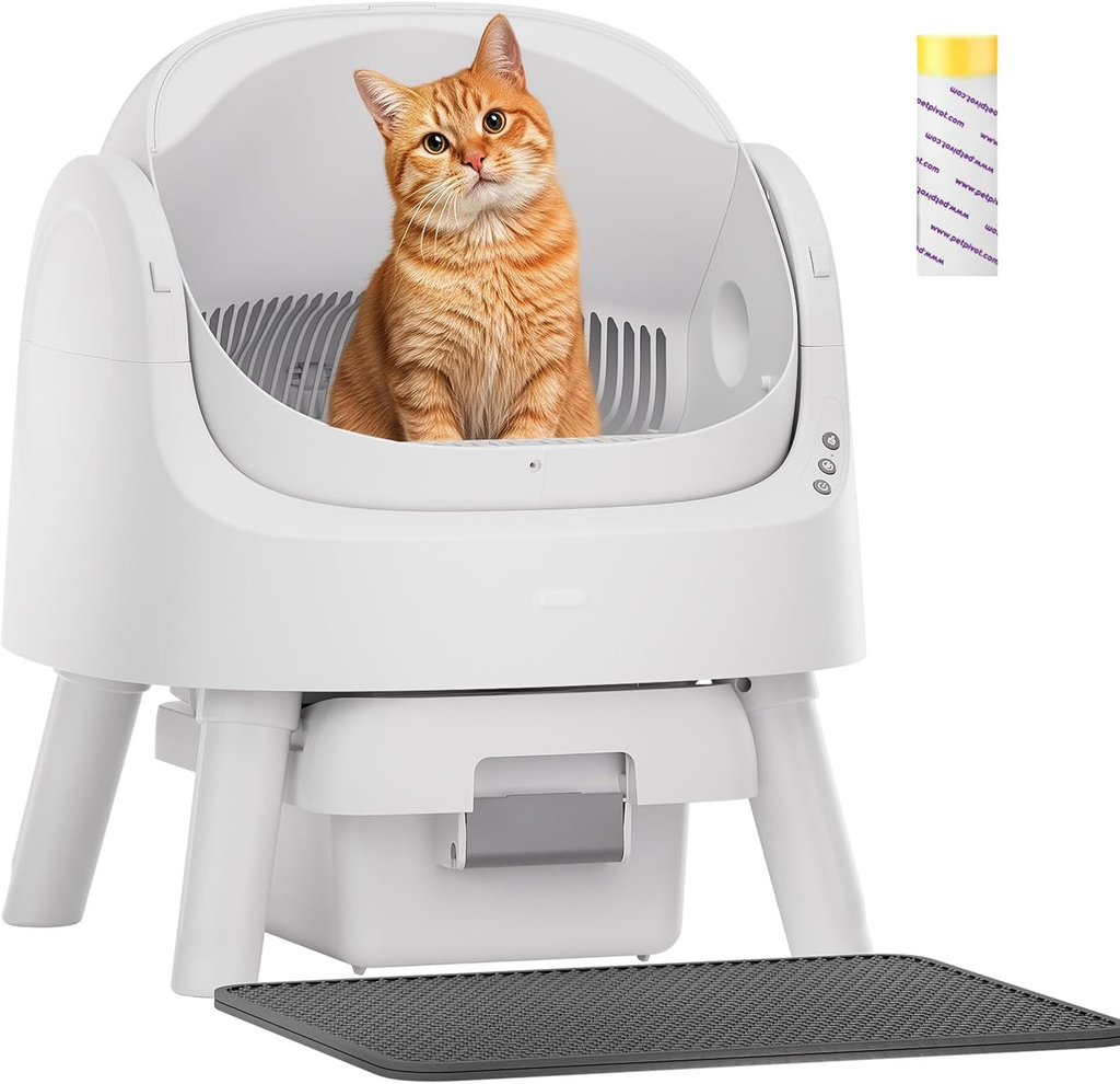 White Open‑Top Automatic Self‑Cleaning Cat Litter Box for Multi‑Cat Use, Multi‑Layer Safety Protection, with Litter Liners & Mat Included