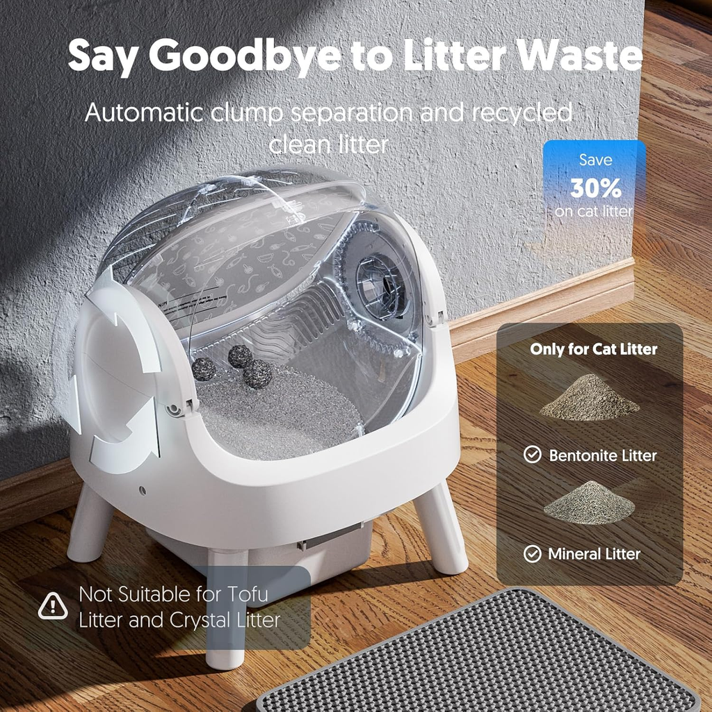 White Open‑Top Automatic Self‑Cleaning Cat Litter Box for Multi‑Cat Use, Multi‑Layer Safety Protection, with Litter Liners & Mat Included
