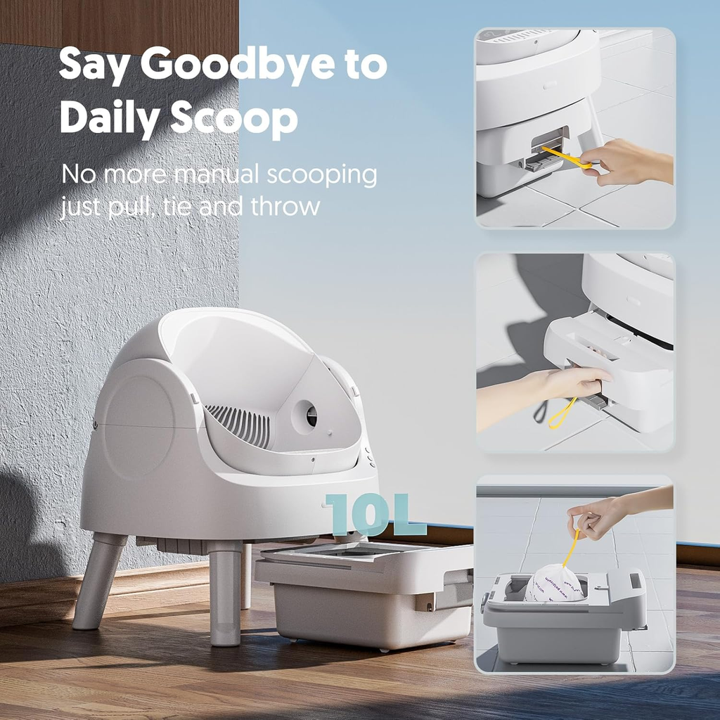 White Open‑Top Automatic Self‑Cleaning Cat Litter Box for Multi‑Cat Use, Multi‑Layer Safety Protection, with Litter Liners & Mat Included