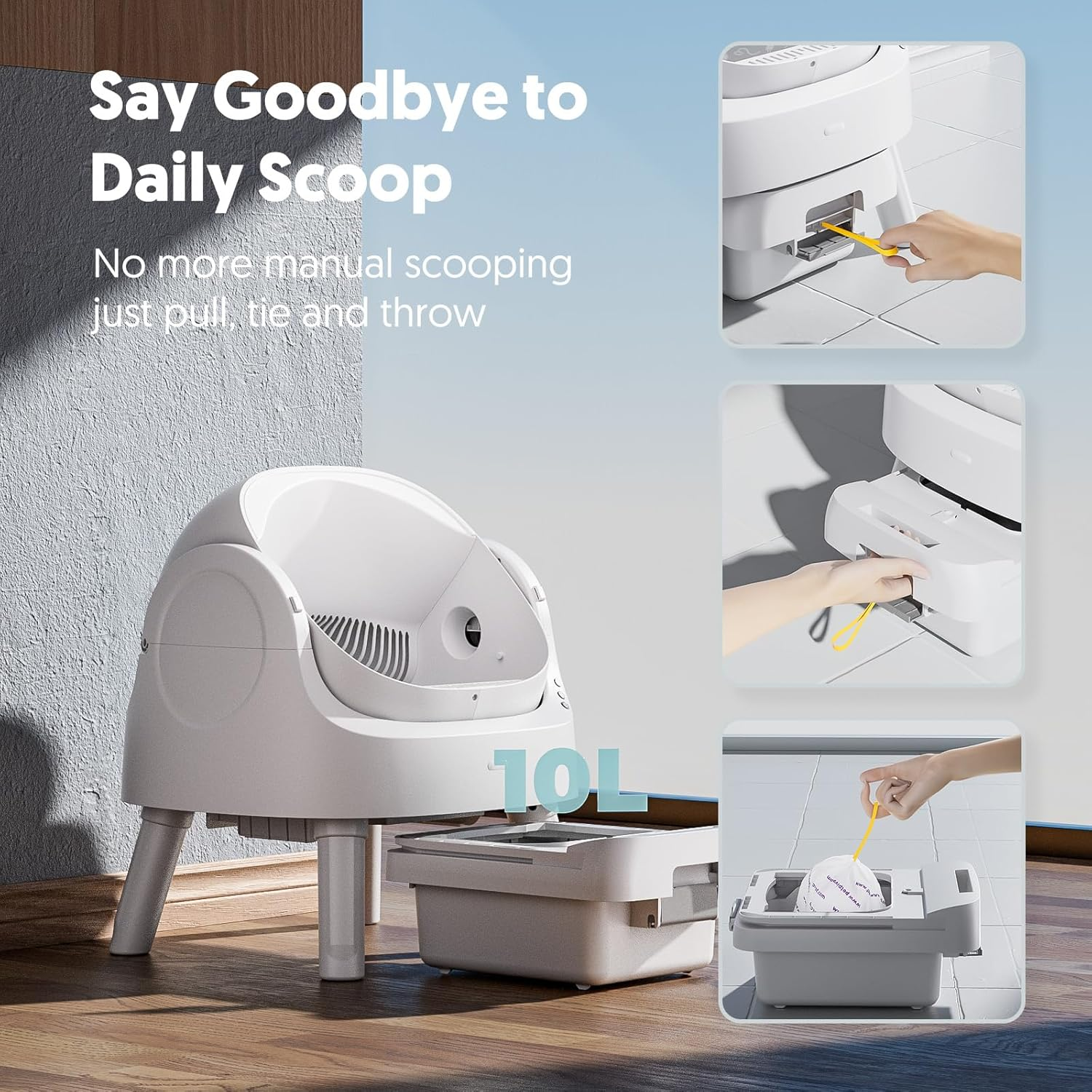 White Open‑Top Automatic Self‑Cleaning Cat Litter Box for Multi‑Cat Use, Multi‑Layer Safety Protection, with Litter Liners & Mat Included