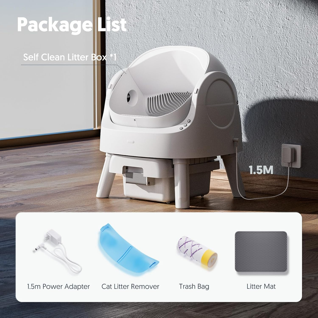 White Open‑Top Automatic Self‑Cleaning Cat Litter Box for Multi‑Cat Use, Multi‑Layer Safety Protection, with Litter Liners & Mat Included