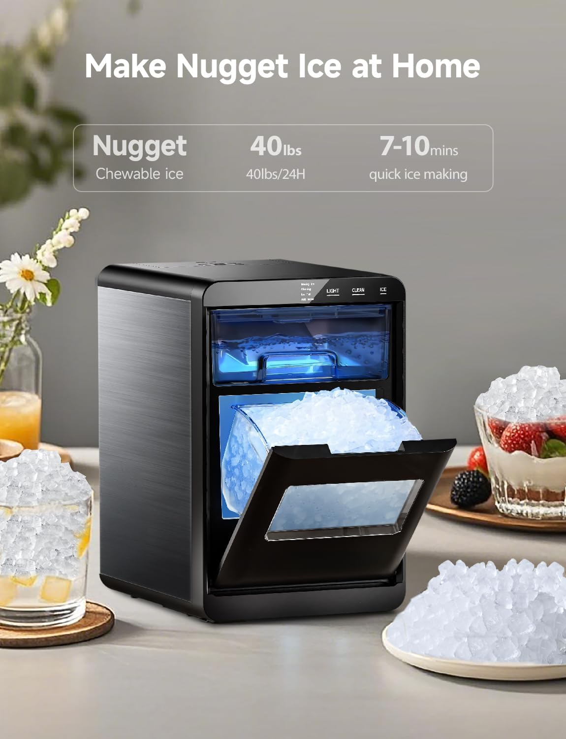 40Lbs/24H Countertop Pebble Ice Maker, Self-Cleaning Sonic Nugget Pellet Ice Machine with Scoop and Basket for Household Use