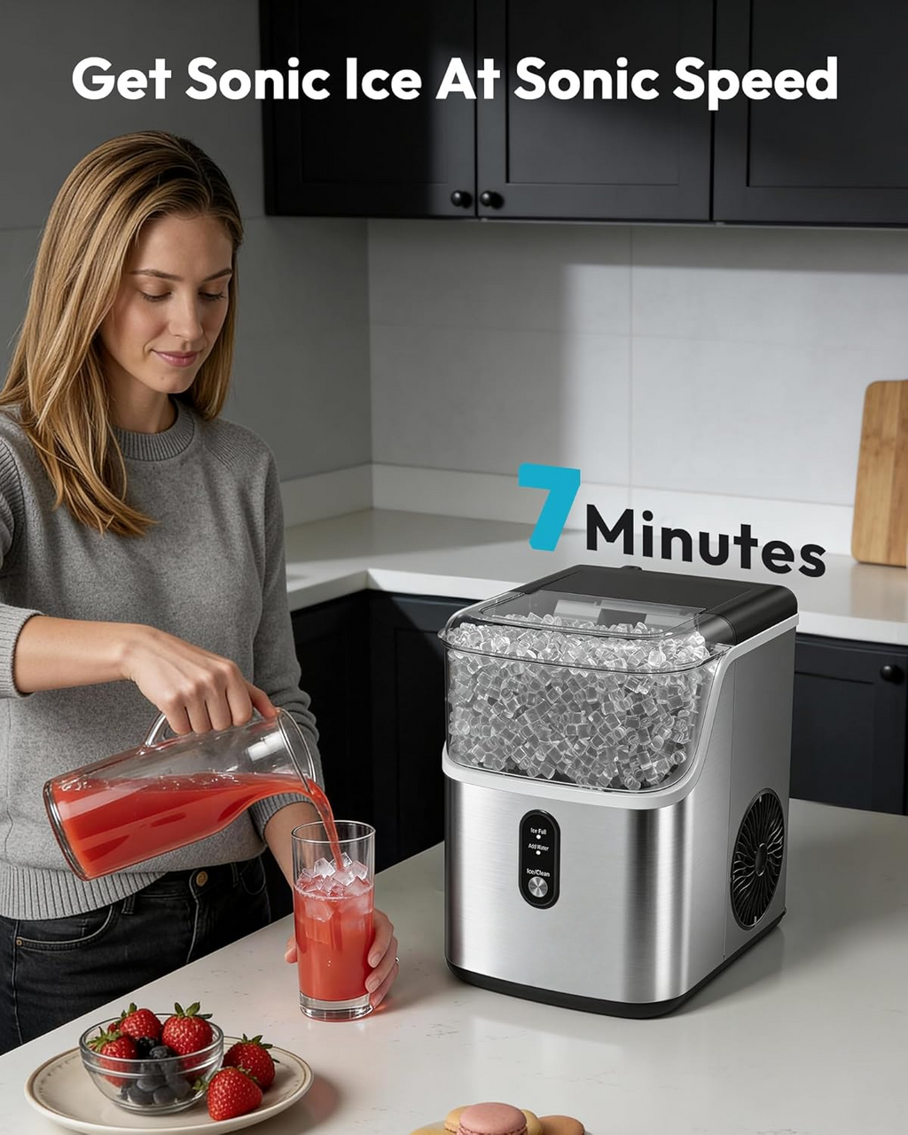 Countertop Nugget Ice Maker, Ready in 7 Mins, 35Lbs/24H Pebble Pellet Sonic Ice Machine, Self-Cleaning Stainless Steel Ice Maker with Ice Scoop & Basket for Home Kitchen Use