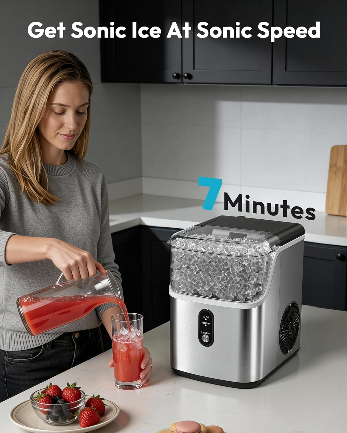Countertop Nugget Ice Maker, Ready in 7 Mins, 35Lbs/24H Pebble Pellet Sonic Ice Machine, Self-Cleaning Stainless Steel Ice Maker with Ice Scoop & Basket for Home Kitchen Use