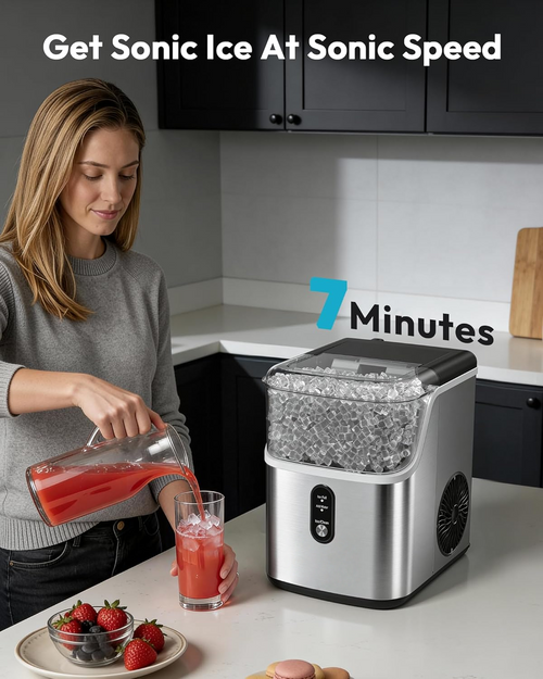 Countertop Nugget Ice Maker, Ready in 7 Mins, 35Lbs/24H Pebble Pellet Sonic Ice Machine, Self-Cleaning Stainless Steel Ice Maker with Ice Scoop & Basket for Home Kitchen Use
