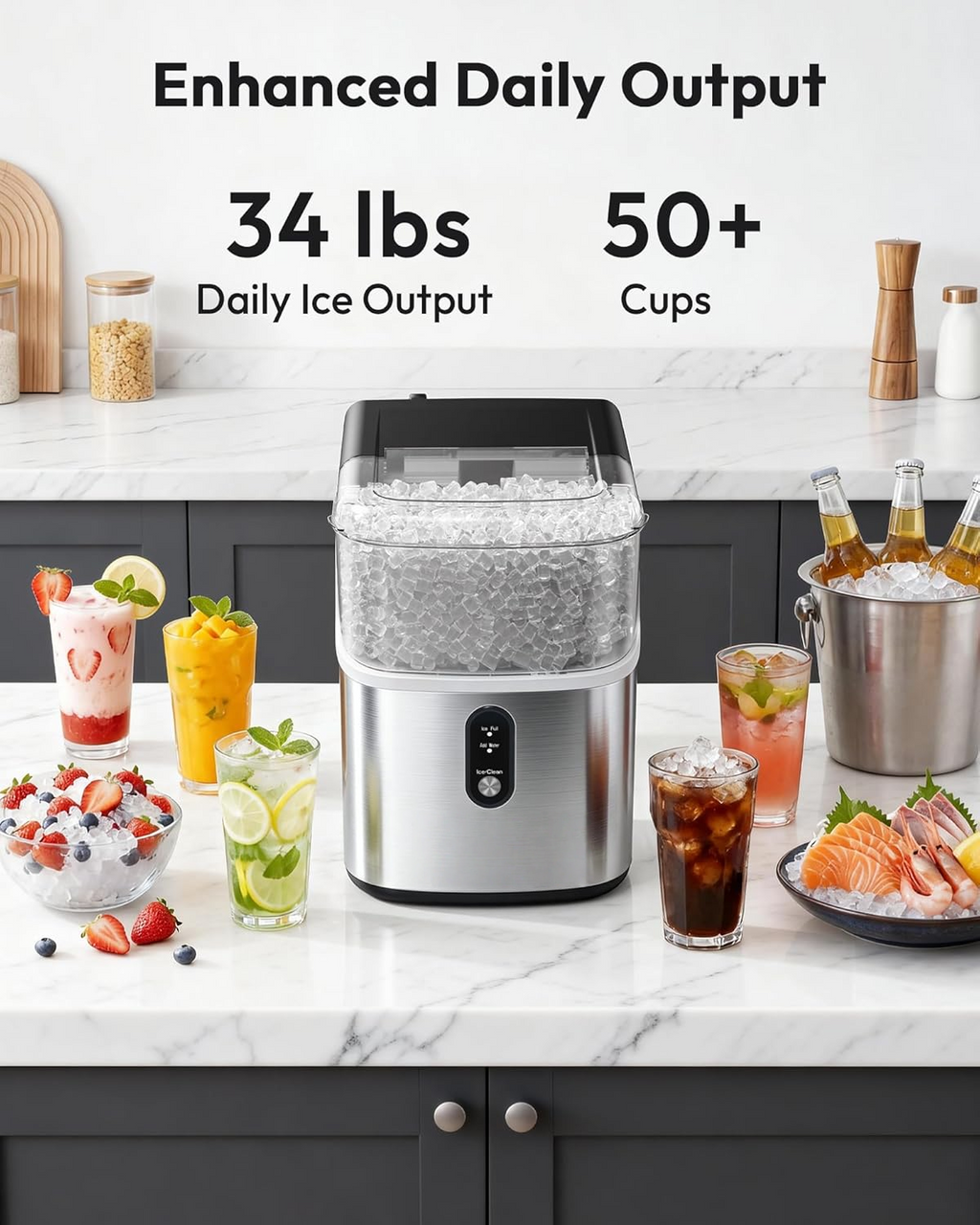 Countertop Nugget Ice Maker, Ready in 7 Mins, 35Lbs/24H Pebble Pellet Sonic Ice Machine, Self-Cleaning Stainless Steel Ice Maker with Ice Scoop & Basket for Home Kitchen Use