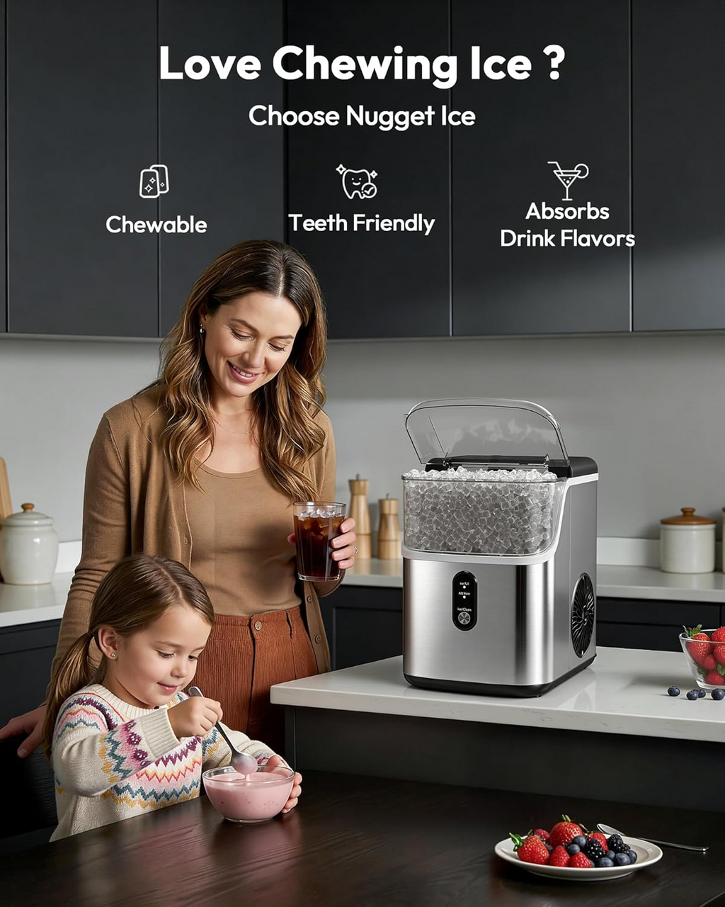 Countertop Nugget Ice Maker, Ready in 7 Mins, 35Lbs/24H Pebble Pellet Sonic Ice Machine, Self-Cleaning Stainless Steel Ice Maker with Ice Scoop & Basket for Home Kitchen Use