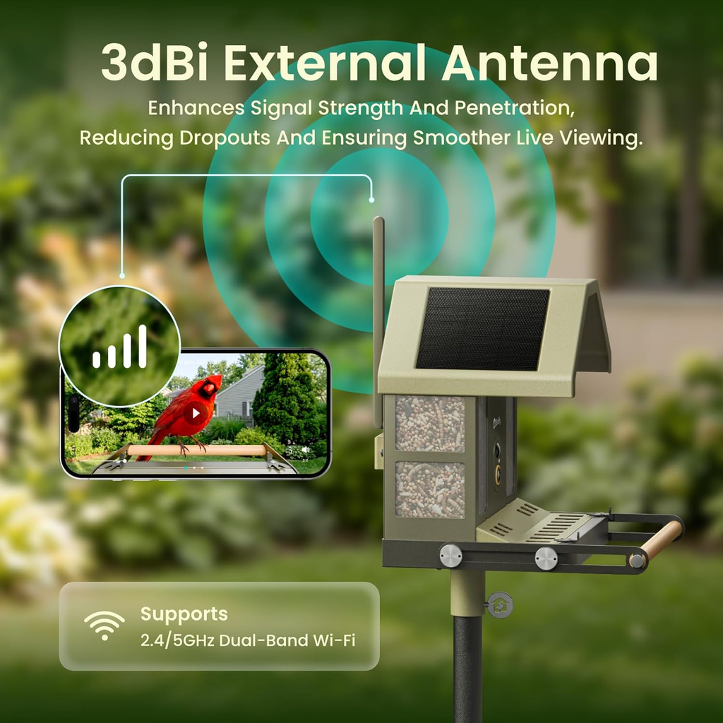 4K Smart Bird Feeder Camera Solar Powered Dual Band WiFi Lifetime Free AI Bird Identification Gift for Bird Watchers