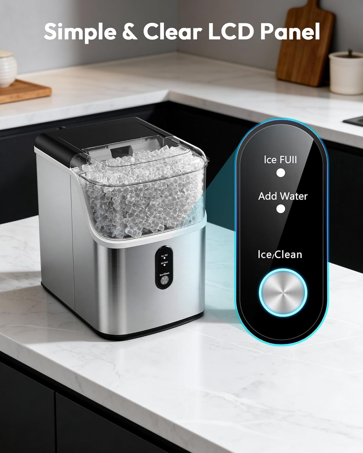 Countertop Nugget Ice Maker, Ready in 7 Mins, 35Lbs/24H Pebble Pellet Sonic Ice Machine, Self-Cleaning Stainless Steel Ice Maker with Ice Scoop & Basket for Home Kitchen Use