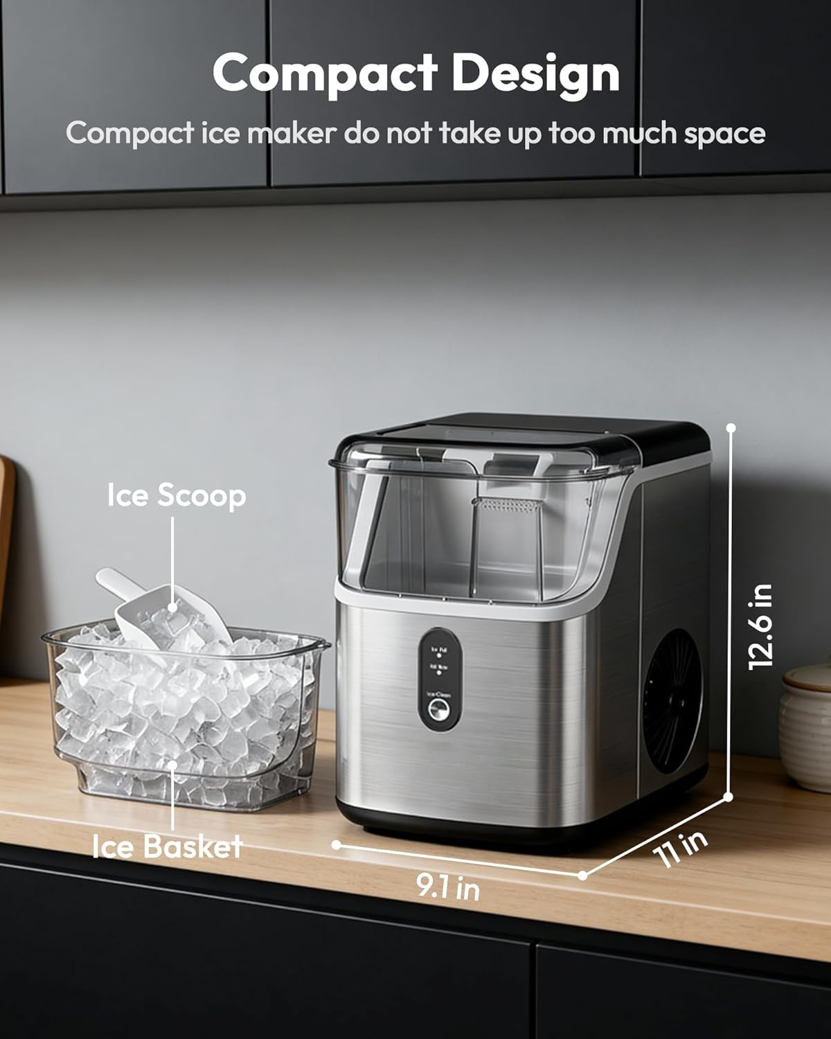 Countertop Nugget Ice Maker, Ready in 7 Mins, 35Lbs/24H Pebble Pellet Sonic Ice Machine, Self-Cleaning Stainless Steel Ice Maker with Ice Scoop & Basket for Home Kitchen Use