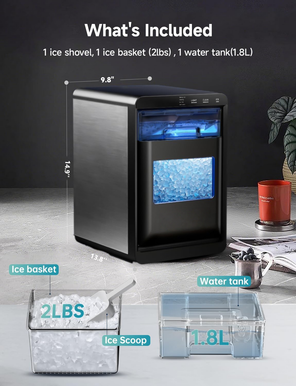 40Lbs/24H Countertop Pebble Ice Maker, Self-Cleaning Sonic Nugget Pellet Ice Machine with Scoop and Basket for Household Use